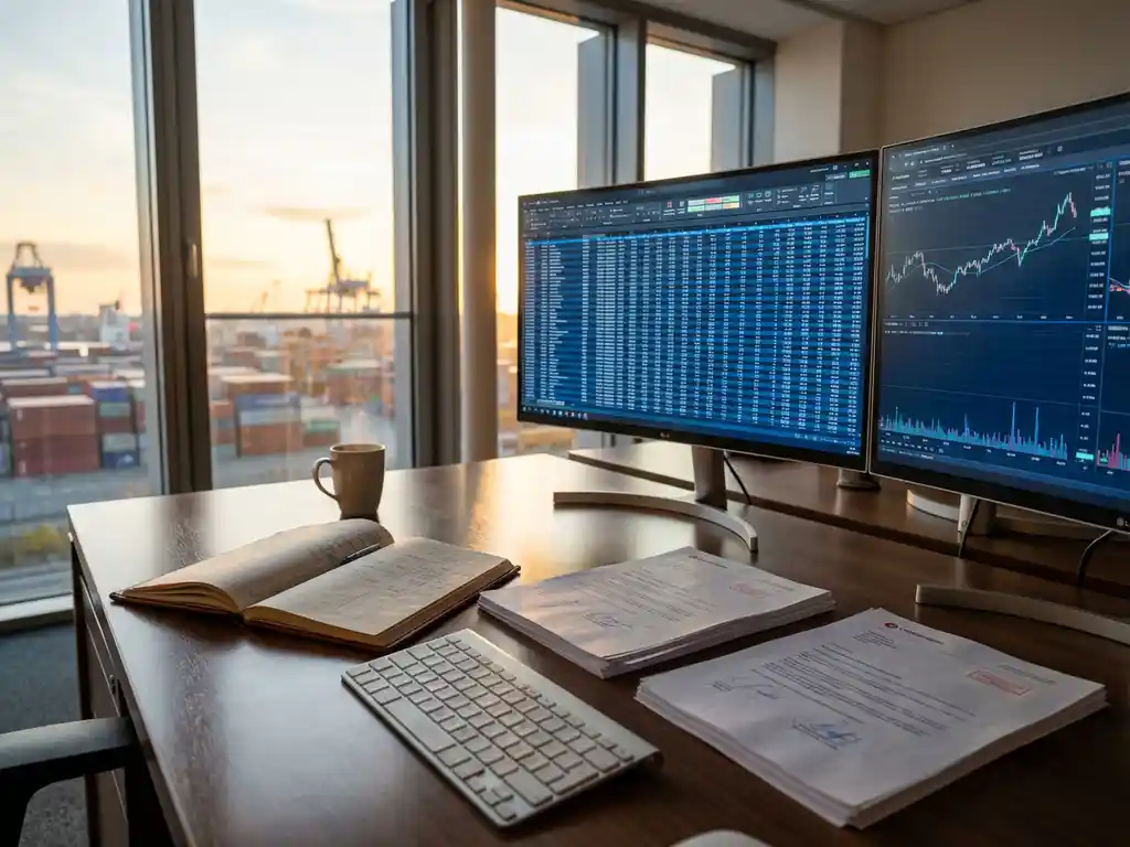 Modern office desk with dual monitors showing spreadsheets and trading data, open ledger, contracts, and coffee cup by windows.