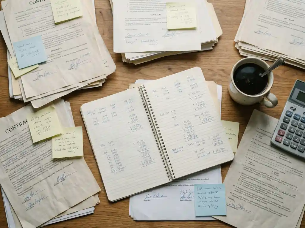 Overhead flat lay of a cluttered desk covered in paper contracts, sticky notes, and a handwritten notebook beside a calculator and cold coffee.