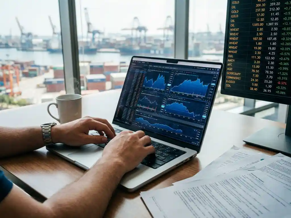 Professional trader typing on laptop with trading charts and data dashboards, coffee cup on desk, harbor view through windows.