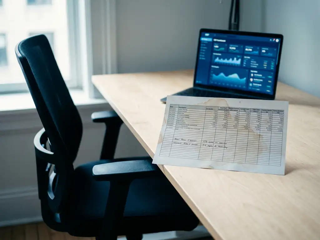 Coffee-stained spreadsheet with handwritten annotations on a trading desk, empty chair beside it, ERP dashboard glowing on laptop in background.