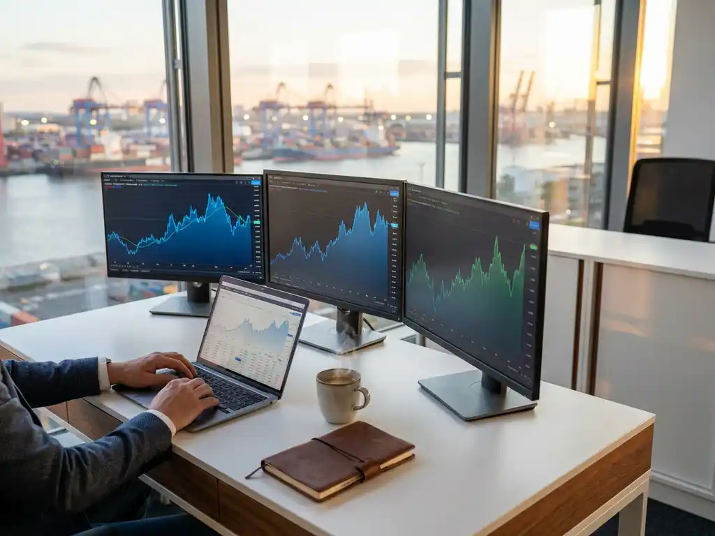 Trader typing on laptop with financial charts and commodity price graphs on multiple monitors at modern office desk