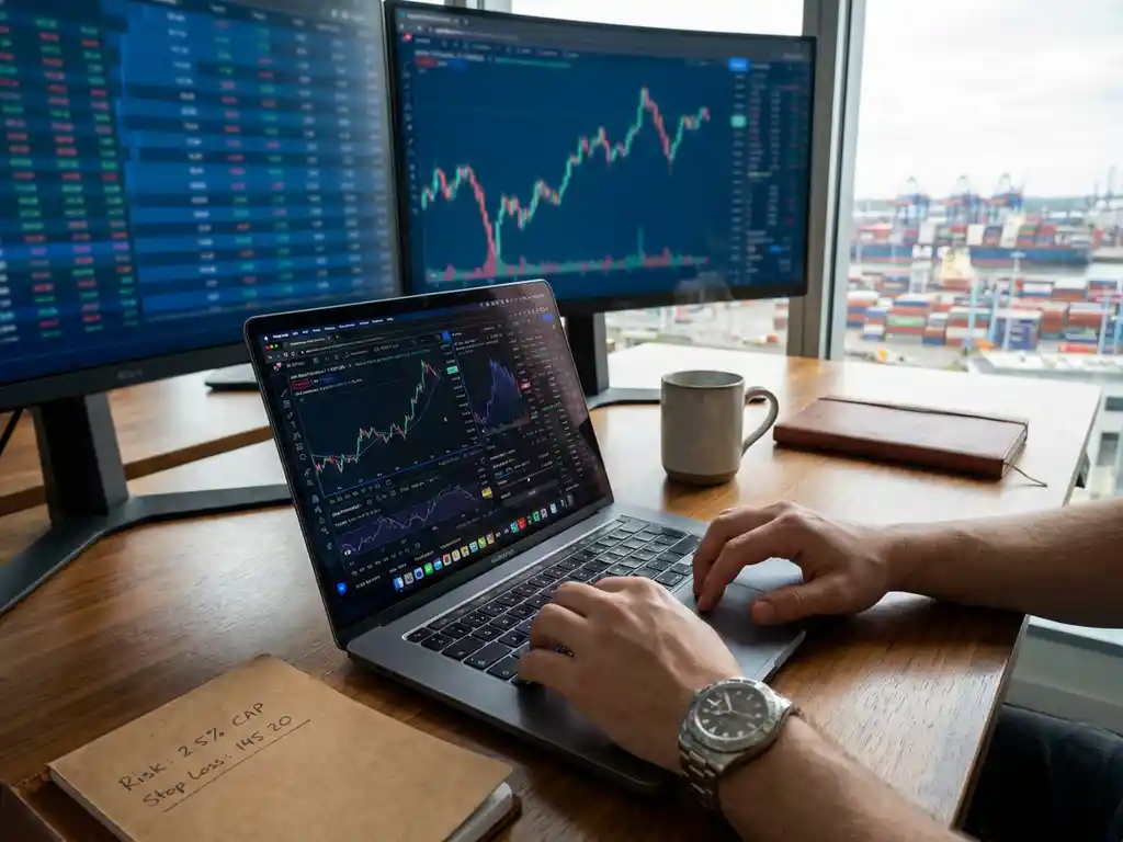 Professional trader's hands on laptop keyboard with financial charts, multiple monitors displaying market data in modern office