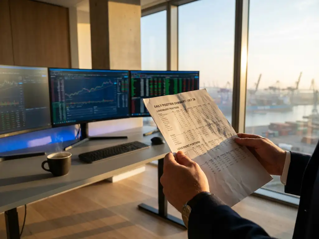 Trader's hands holding position list document at desk with multiple trading monitors and harbor view in morning light