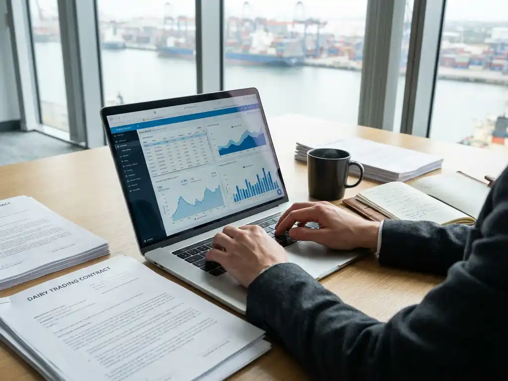 Professional trader typing on laptop showing contract dashboards and charts at modern office desk with trading documents