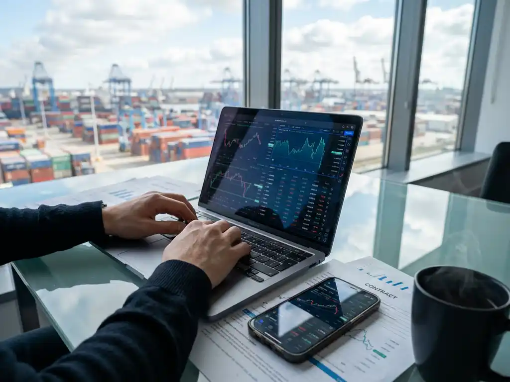 Professional trader typing on laptop with trading dashboards and market data, smartphone and documents on modern office desk
