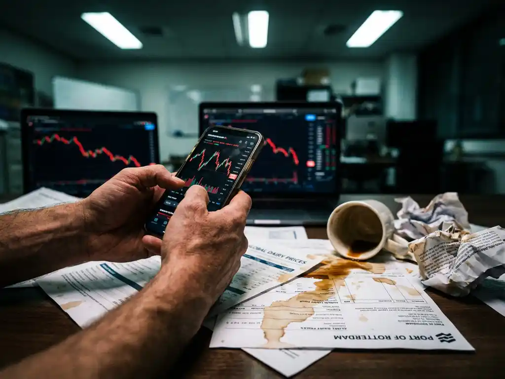 Stressed trader gripping smartphone with market data at cluttered desk with spilled coffee and scattered commodity reports