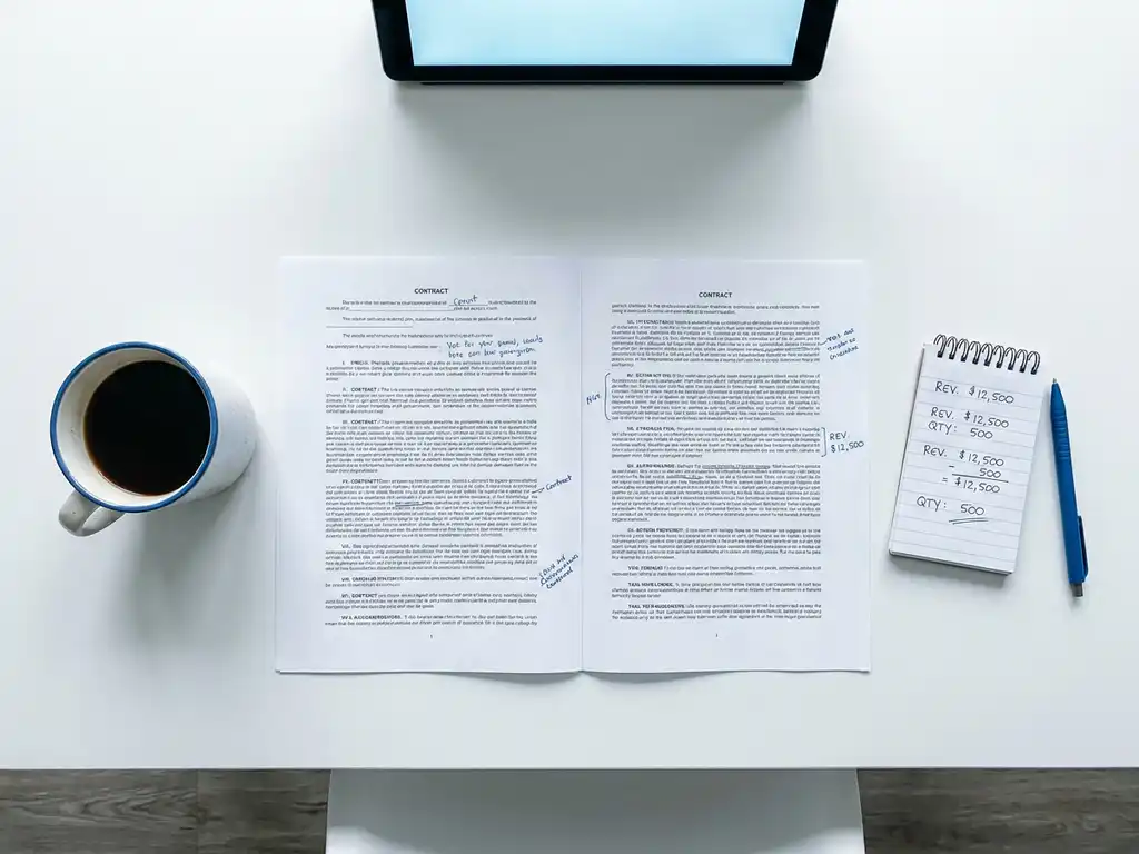 Overhead flat lay of two open trading contracts beside a coffee cup and handwritten notepad with revised figures on a white desk.