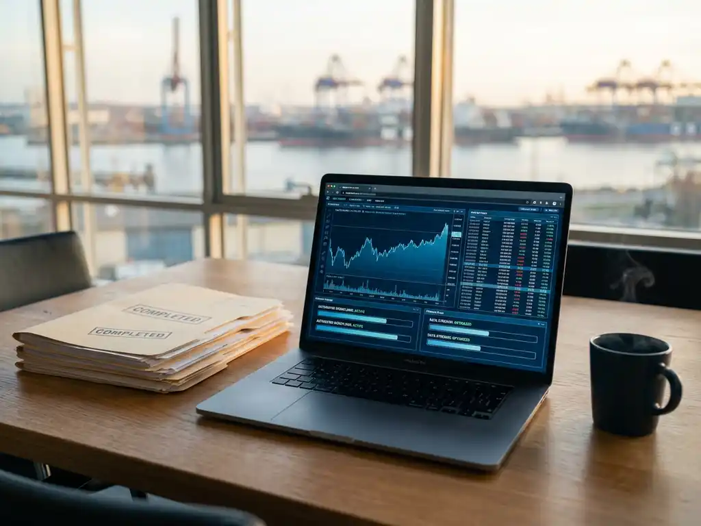 Laptop displaying automated trading dashboard with charts on oak desk, coffee cup and paperwork nearby, harbor view background