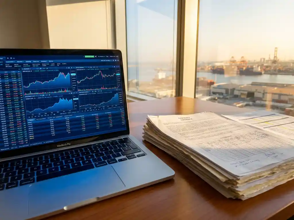 Modern laptop displaying trading dashboard with charts and data streams on office desk beside stack of paper contracts