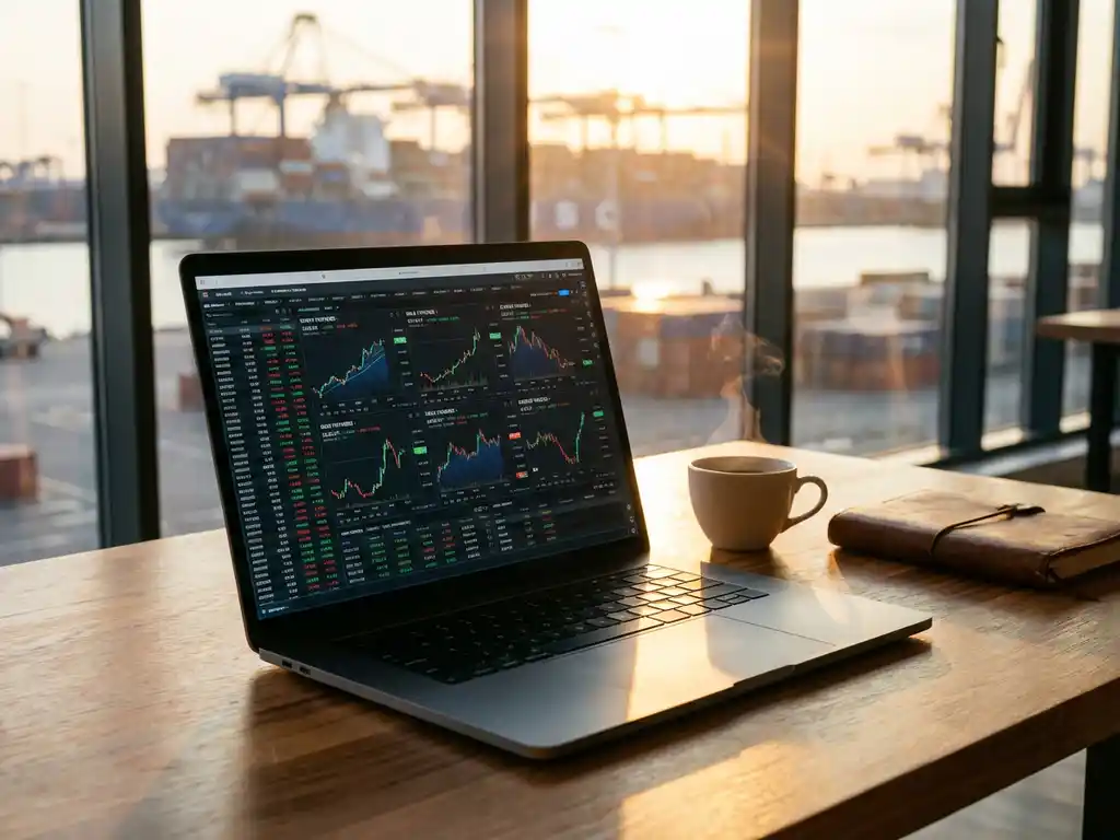 Laptop displaying dairy commodity trading dashboard on wooden desk with coffee cup, notebook, and industrial port view through windows