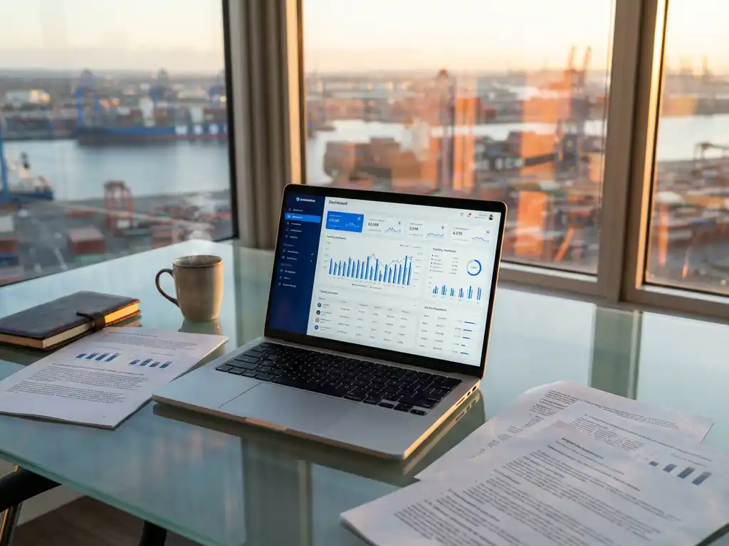 Laptop mostrando panel de trading con gráficos del mercado sobre escritorio de vidrio, informes de materias primas esparcidos cerca, vista del puerto a través de las ventanas