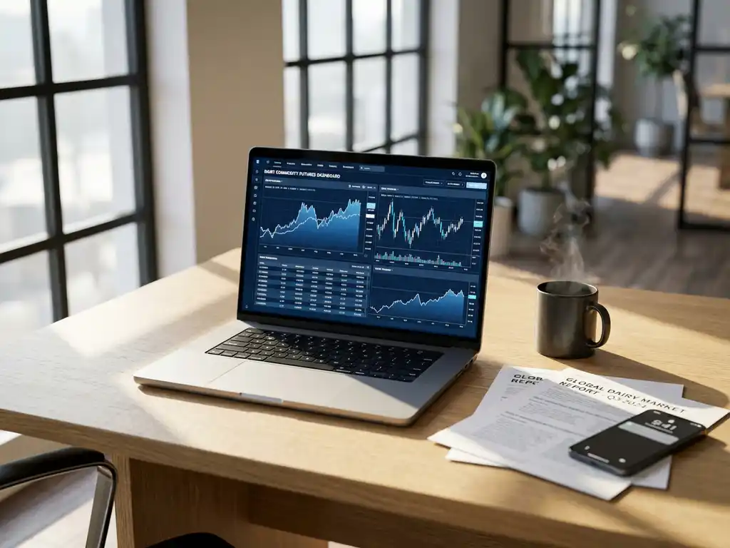 Modern laptop displaying trading dashboard with financial charts on minimalist desk with coffee mug and business reports