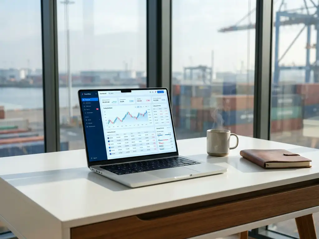 Modern laptop displaying colorful trading dashboard with charts on white desk, coffee mug nearby, harbor view through windows