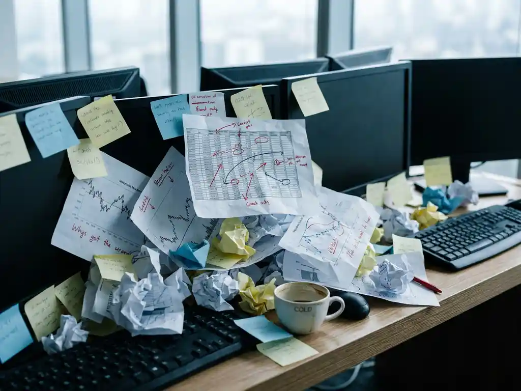 Cluttered trading desk with overlapping sticky notes, conflicting paper printouts, and a spreadsheet covered in contradictory handwritten corrections beside a cold coffee cup.