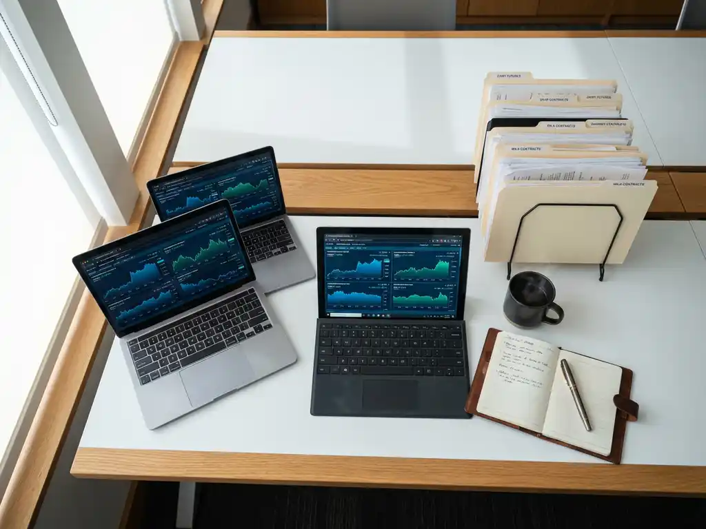 Modern trading desk from above with laptops showing commodity dashboards, dairy contracts, coffee cup, and notebook