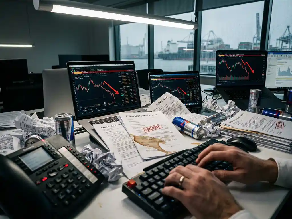 Stressed trader at cluttered desk with laptops showing declining dairy commodity charts, scattered contracts, and spilled coffee on documents.