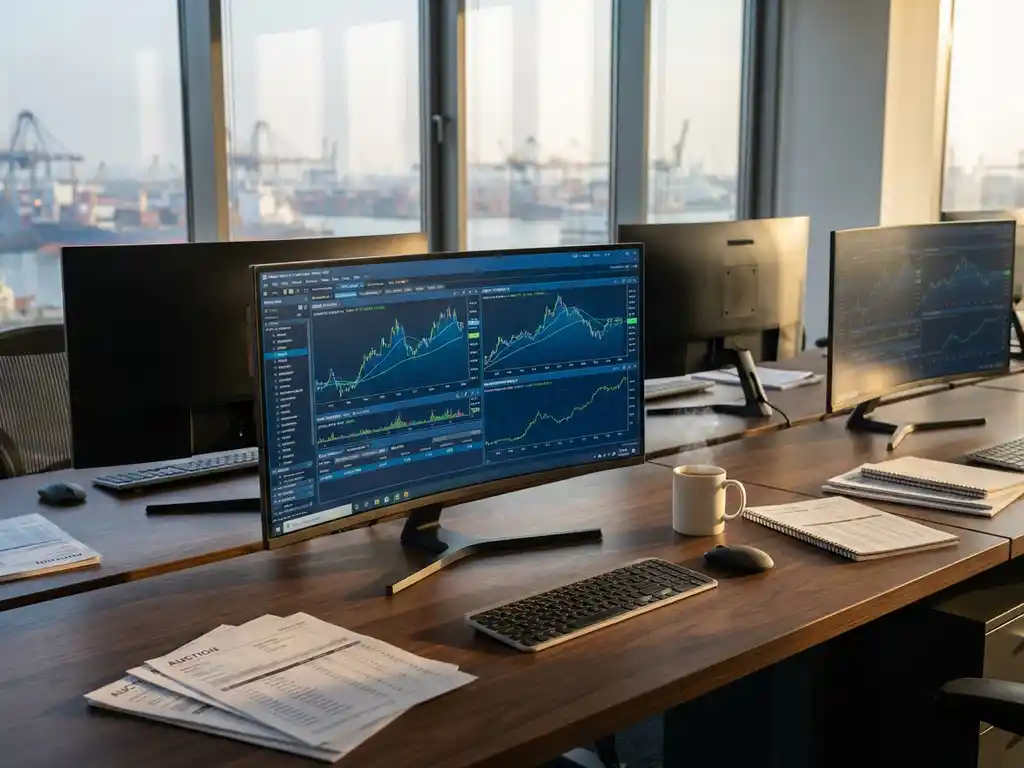 Trading desk with multiple monitors displaying dairy commodity charts, coffee cup, market documents, and harbor view through windows.