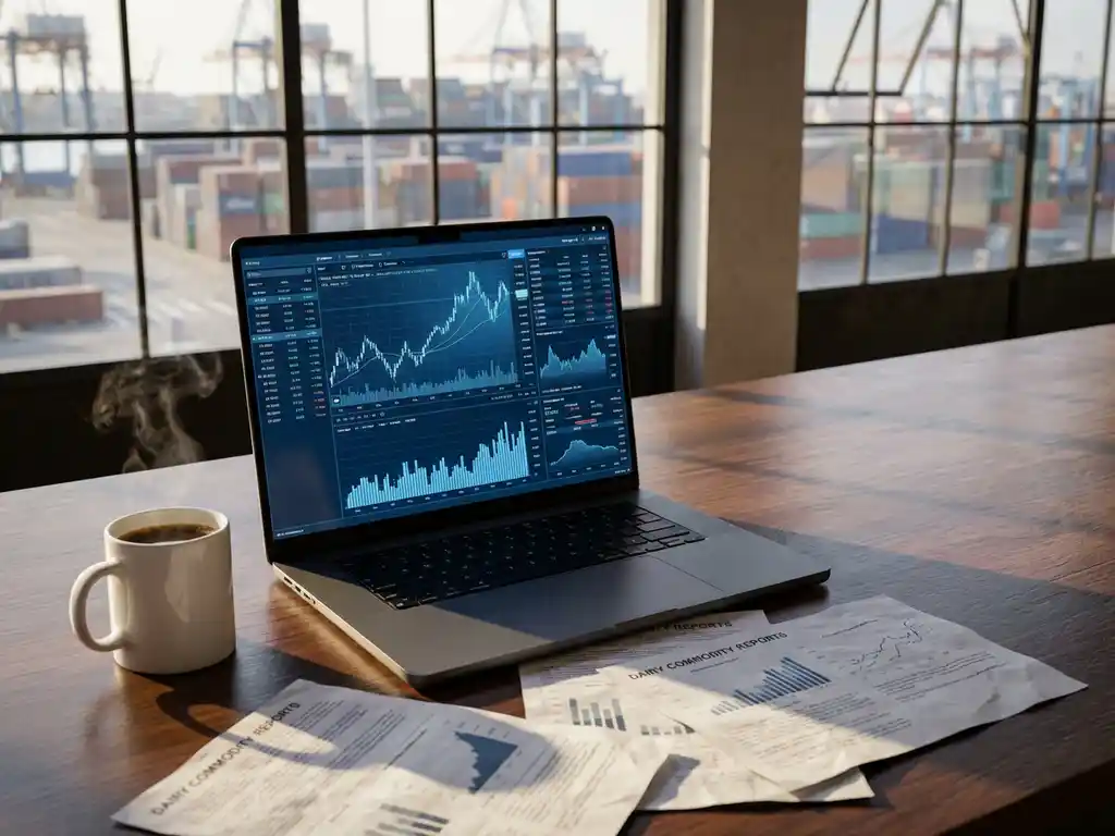 Laptop displaying financial trading charts on wooden desk with coffee cup, dairy commodity reports, and shipping port visible through windows