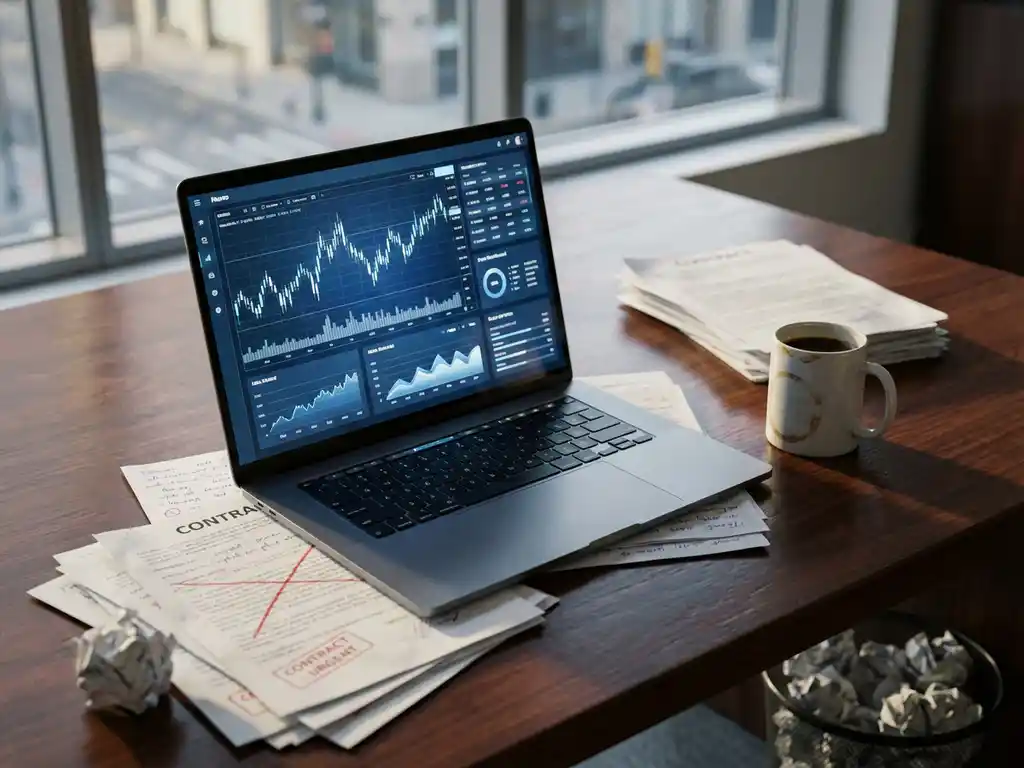 Laptop displaying financial trading charts on wooden desk with scattered contracts, coffee cup, and crumpled papers in sunlit office.