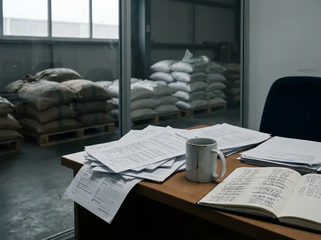 Scattered trading contracts on a cluttered warehouse desk beside cold coffee and a notebook with crossed-out figures, bulk ingredient bags on pallets visible behind glass.