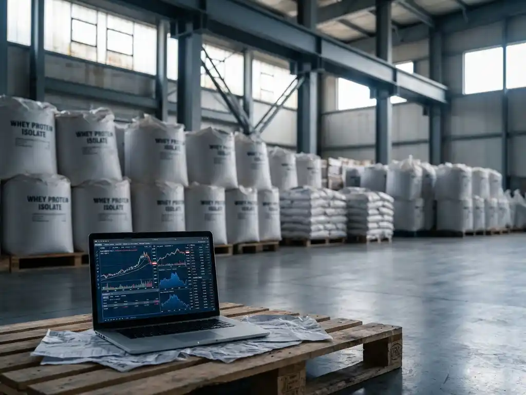 Laptop displaying price charts on wooden pallet in warehouse filled with stacked whey protein powder bags
